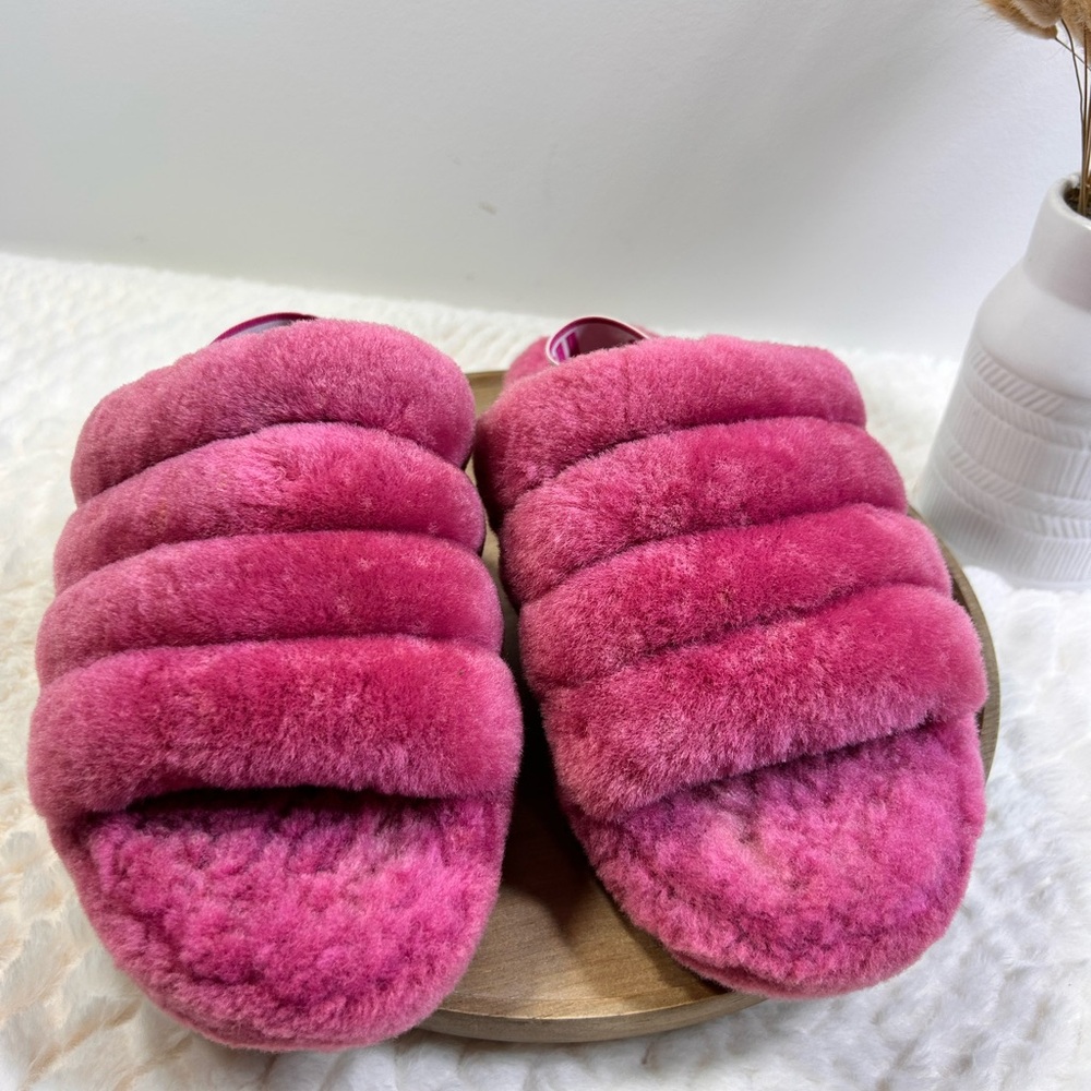 UGG Fluff Yeah Slide Sandals Pink Sheepskin Fur Cozy Size 8 Platform Slippers - Picture 3 of 8